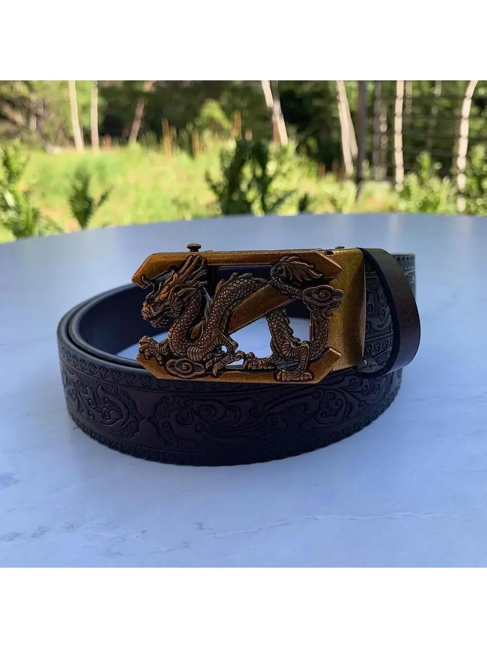 Chinese Dragon belt buckle dark brown belt. 47 inches length